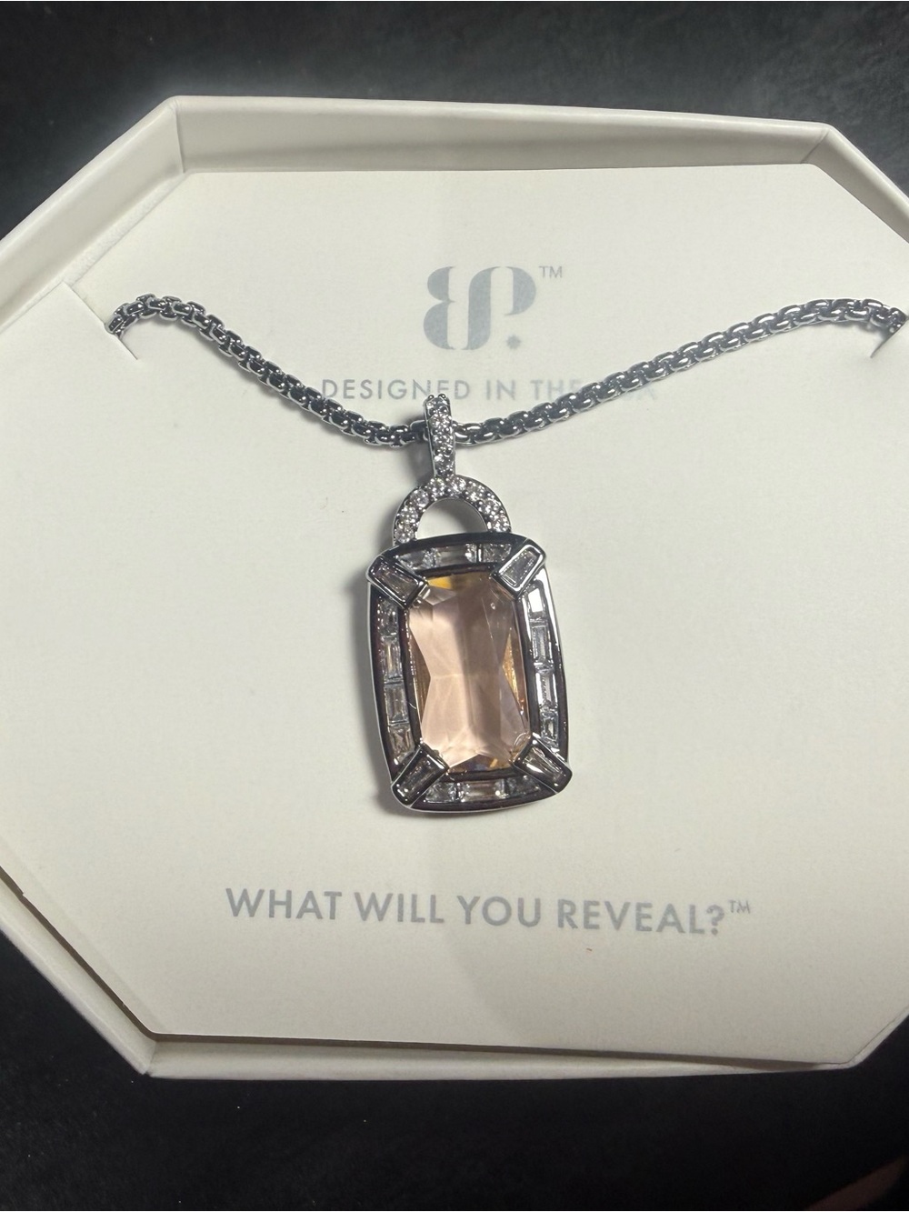 BP™ Silver-Tone Necklace with peach Rectangular Crystal Pendant